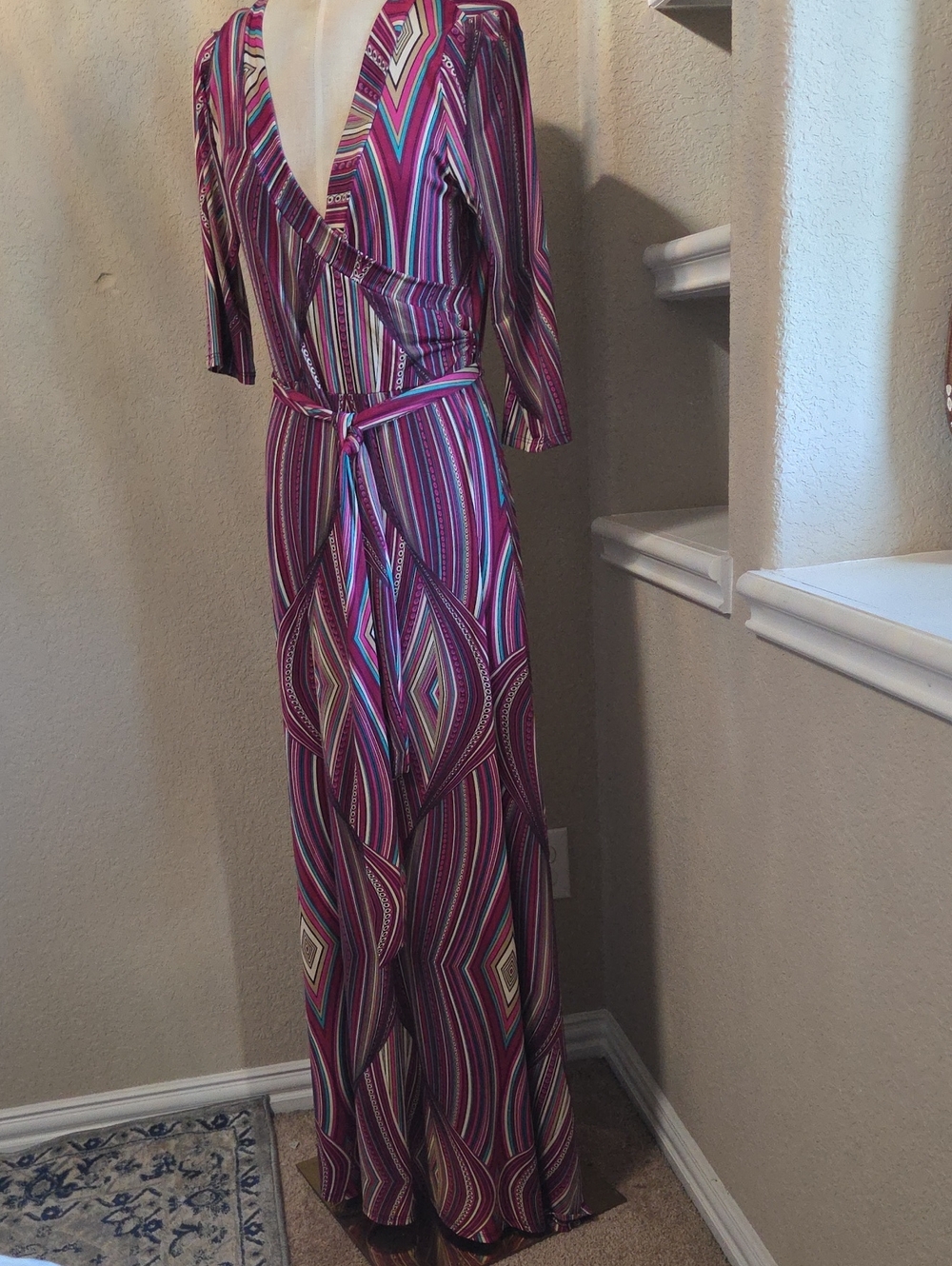 Striped Purple Wrap Maxi Dress with Self-Tie Waist